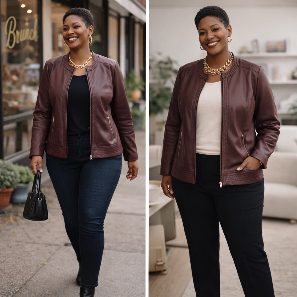 CJ Banks Maroon Vegan Leather Jacket 1X Quilted Stitch Detail